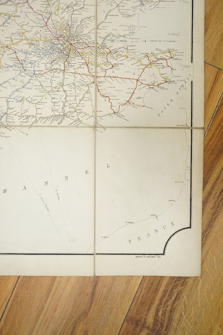 An Airey's Railway Map of England & Wales, a folding map laid on cloth with gilt embossed hard covers, compiled from the Ordnance Survey and published by McCorquodale & Co., 1878